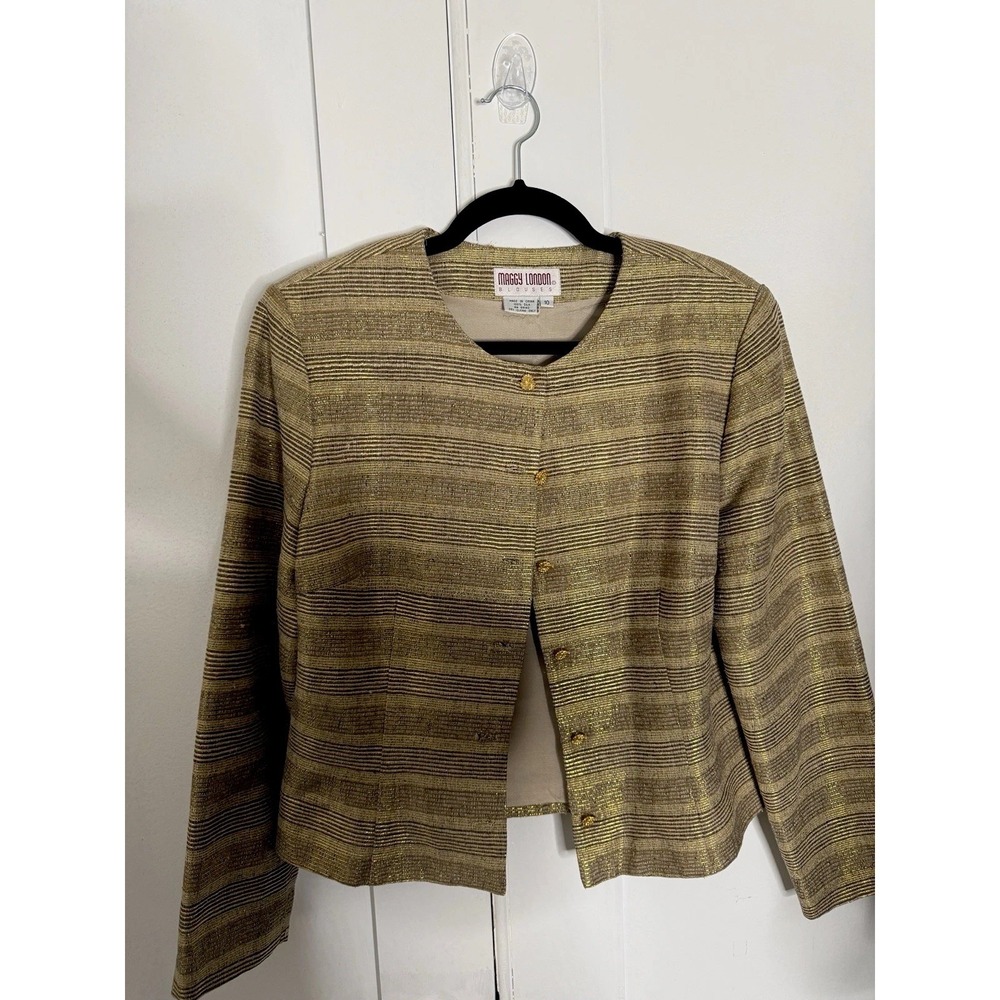 Maggy London Gold Brown Striped Silk Button Blouse Size 10 Long Sleeve